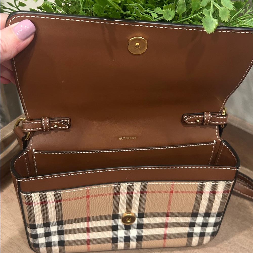 Burberry Brown Leather Crossbody with Signature Check Trim - Picture 5 of 8